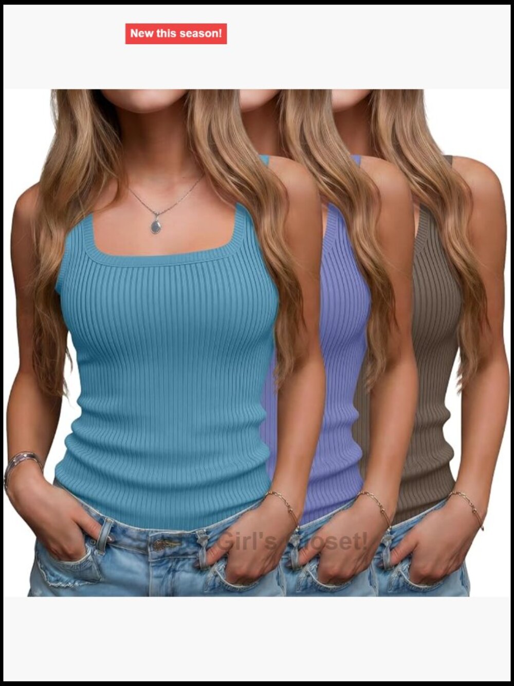 3 Pack Ribbed Tank Tops Women Square Neck Cotton Fitted Sleeveless Basics
